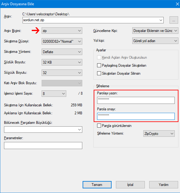 7-Zip ile şifreli dosya oluştur