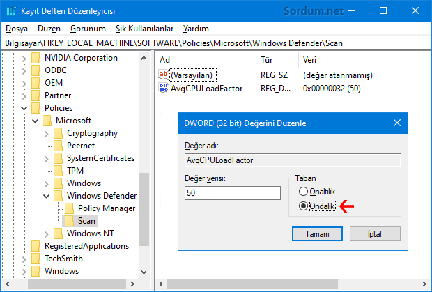 Registryde defender cpu kullanım yüzdesi
