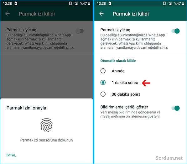 WhatsApp parmak izi koruma süresi