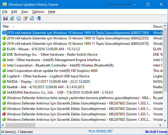 windows updates history viewer arayüz