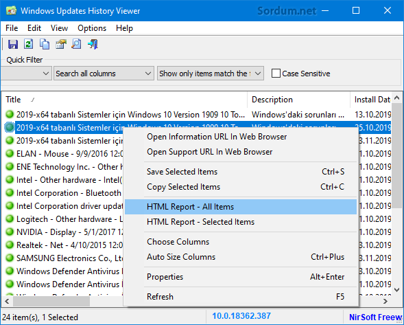 windows updates history viewer sağtuş