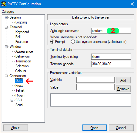 putty otomatik login için kullanıcı ismi