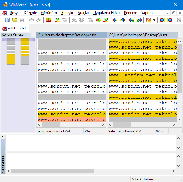 winmerge yazılımı ile karşılaştırma