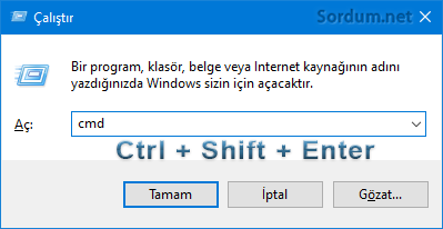 ctrl shift enter yönetici cmd