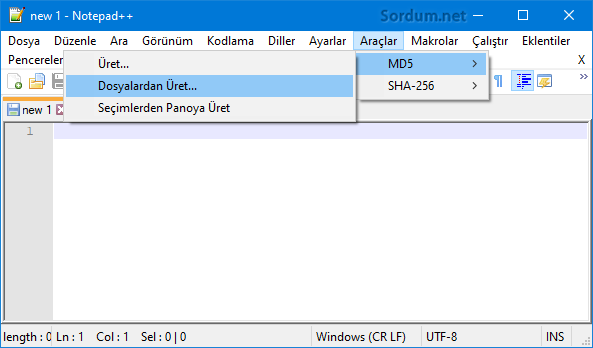 Notepad Plus ile Md5 veya sha-256 hesaplama
