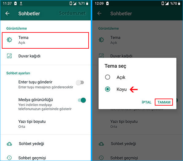 whatsapp koyu tema