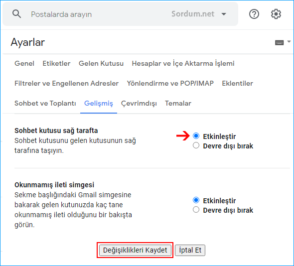 Gmail sohbet kutusunu sağ tarafa al