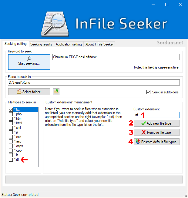 Infile Seeker uygulamasına yeni uzantı ekle