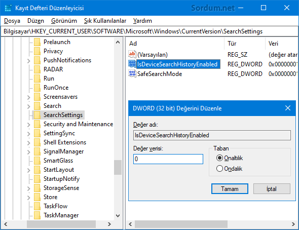 Windows arama Registry ayarı