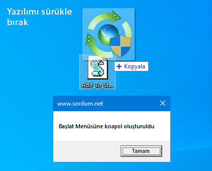 Sürükle bırak ile portable uygulamayı başlata ekle