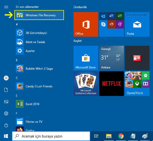 Uygulamalar listesinde Windows file Recovery
