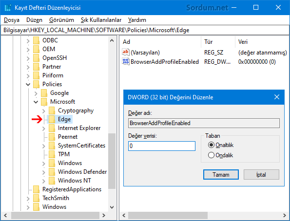 EDGE ye yeni profil eklemeyi yasaklayan Registry değeri