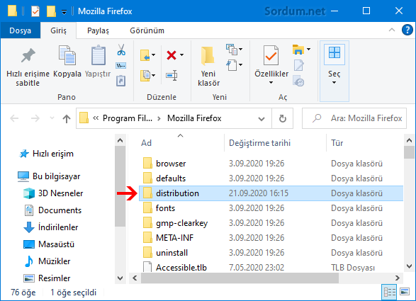 Firefox distribution klasörü
