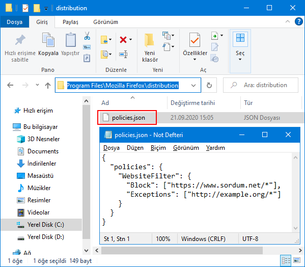 Firefox ta policies.json dosyası ile site yasakla