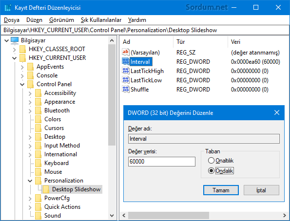 Registryde Slayt gösteri süresi