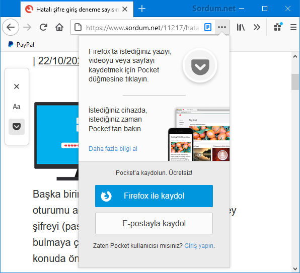 Firefoxta sayfayı pockete kaydet