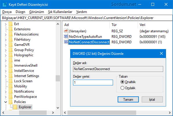 NoNetConnectDisconnect registry değeri