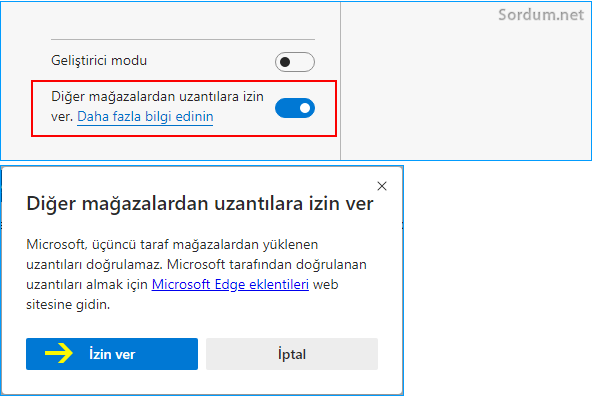 EDGE diğer mağazalardan eklenti al uyarısı