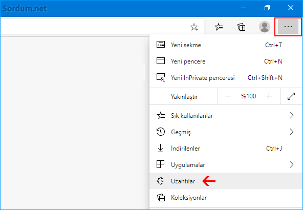 Edge uzantılar seçeneği