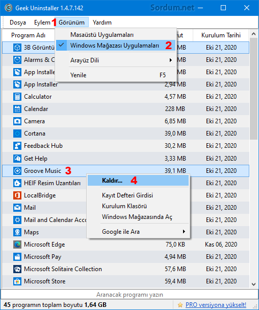 Geek Uninstaller ile Mağaza uygulamalarını kaldır