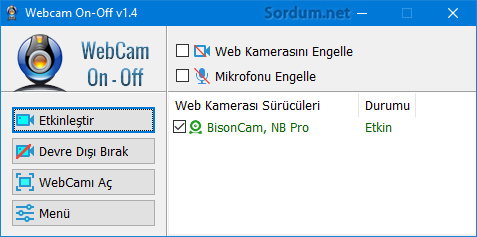 webcam on-off arayüzü