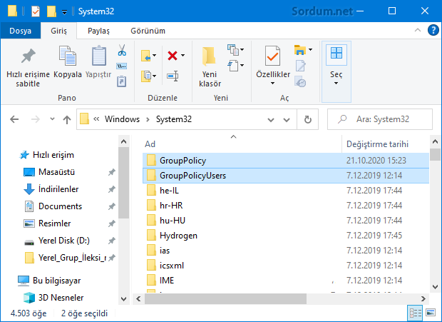 System 32 de yerel grup ilkesi klasörleri
