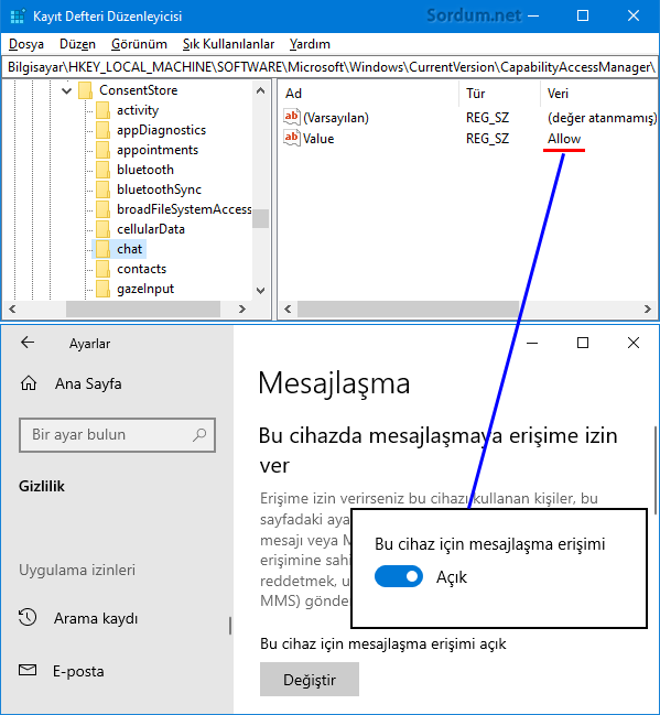 Mesajlaşmaya izin ver registry anahtarı