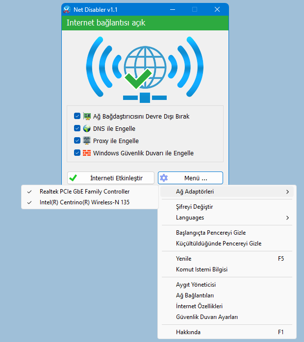 Net disabler Ağ adapörleri seçeneği
