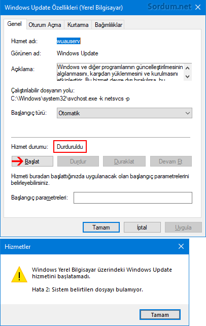 Windows Update hizmeti yok