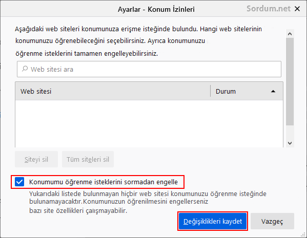 Firefox konum bilgilerinizi paylaşmasın