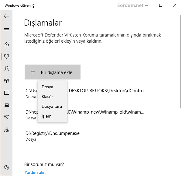 Windows defender dışlama listesi