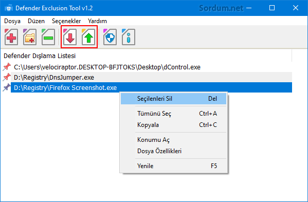 Defender exclusion tool ile içe dışa aktar