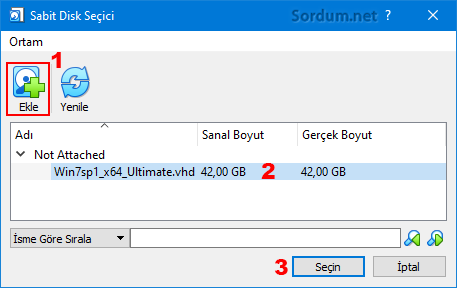 Virtualbox sabit disk seçici