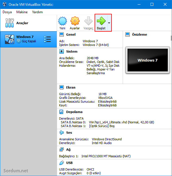 Virtual box ta sanal makinayı başlat