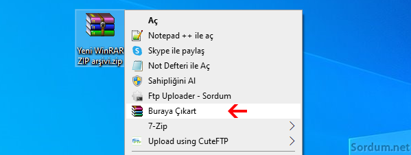 Winrar buraya çıkar menüsü