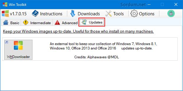 Win Toolkit Updates sekmesi