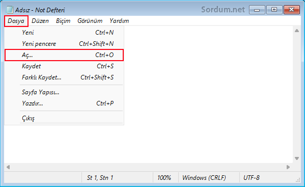 Not defteri Dosya - Aç kısmı