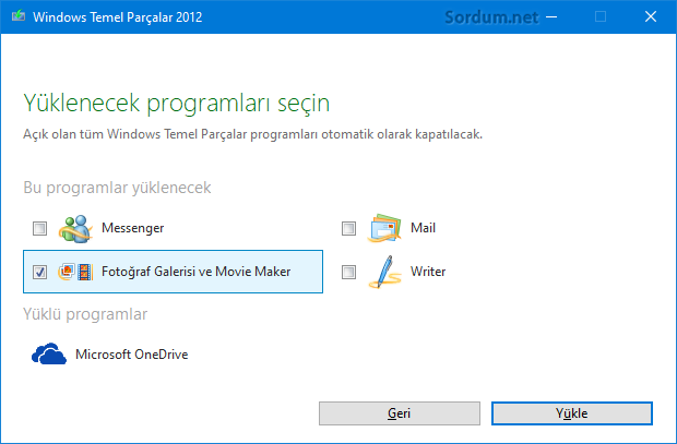 Windows temel parçalarını seç