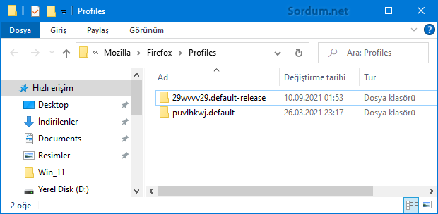 Firefox varsayılan Profil klasörü