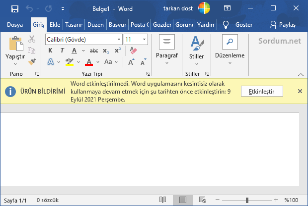 Microsft word etkinleştirme gerekiyor