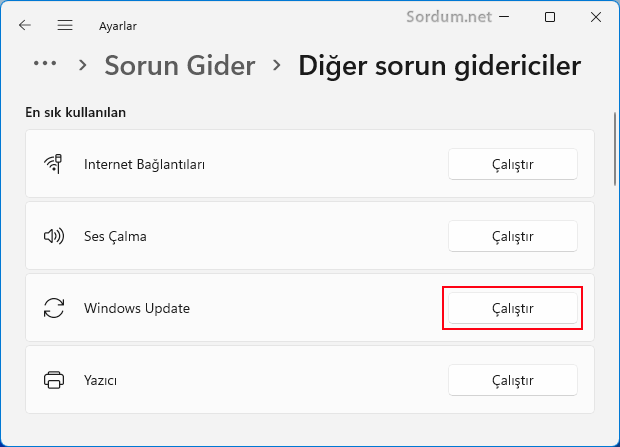 Windows Update sorun gidericiyi çalıştır