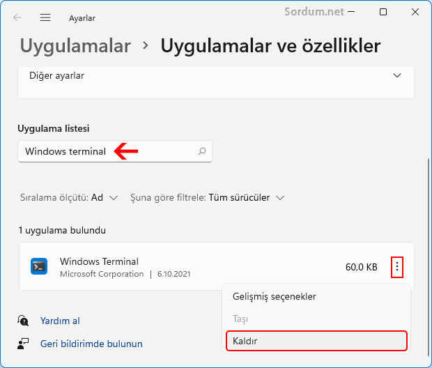 Sağ tuştaki windows terminali kaldır