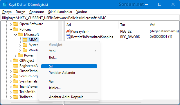 MMC hatasını Registryden düzelt