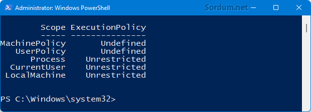 Powershell yetkilerini sınırsız yapın