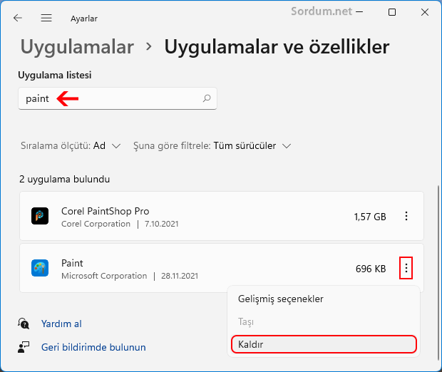 Microsoft Paint uygulamasını kaldır