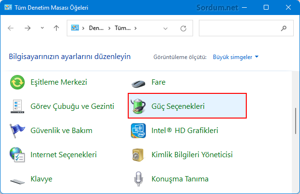 Denetim masası Güç seçenekleri