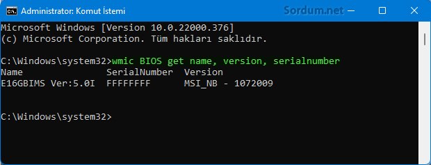 wmic ile bios bilgisi