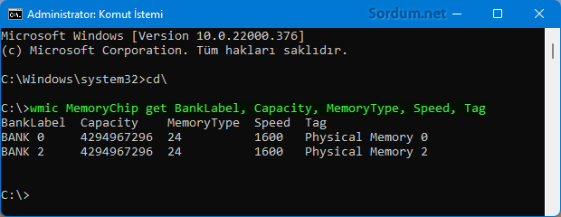 wmic ile Ram bilgisi