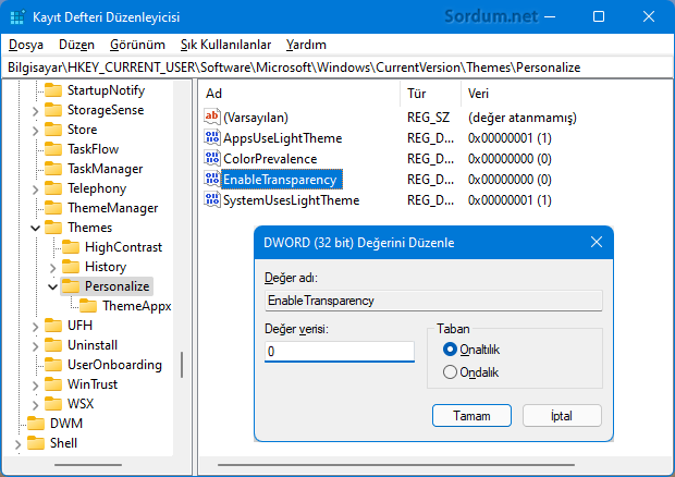Registry üzerinden saydamlığı kapatın