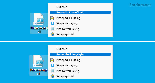 Sağ tuşa Powershell ile çalıştır